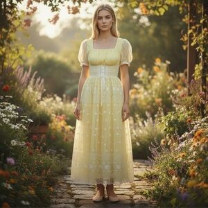 Vintage 1960s-70s Yellow Maxi Dress - Floral - Prom Wedding - Vintage